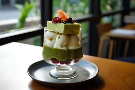 Green tea mousse dessert in a glass cup on wooden table.の素材