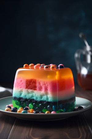 Colorful jelly cake with candies on wooden background. Selective focus.の素材