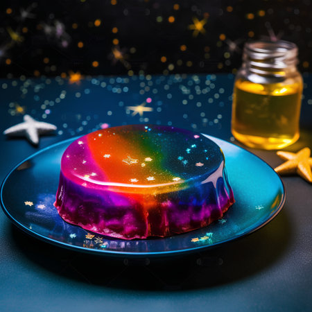 Panna cotta dessert with colorful lights and stars on the backgroundの素材