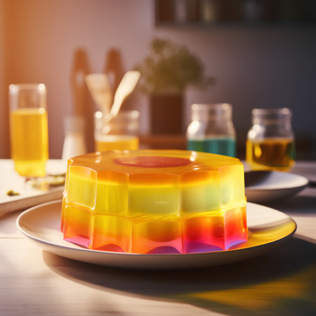 Colorful jelly pudding on a white plate on the kitchen table.の素材