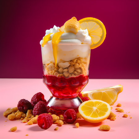 Delicious yogurt with muesli and berries in glass on pink backgroundの素材