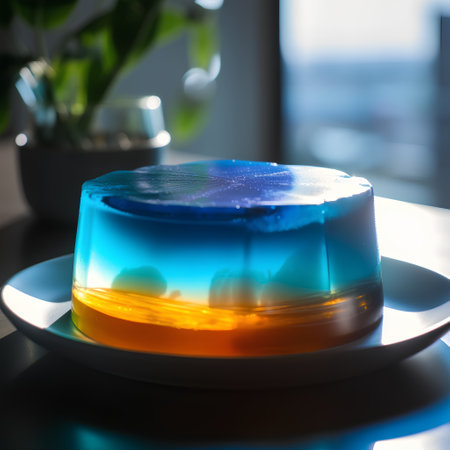 Blue and orange jelly on a white plate with flowers in the backgroundの素材