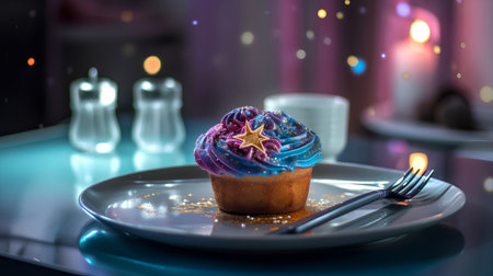 cupcake with a star on top and candles on a blue backgroundの素材