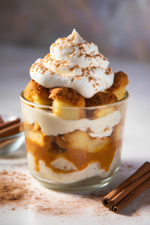 Traditional tiramisu dessert in a glass jar, selective focus.の素材