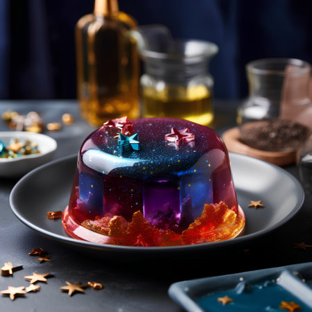 Colorful jelly pudding with Christmas ornaments on a dark backgroundの素材