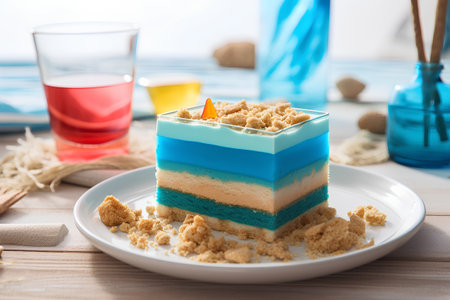 Blue cheese cake on a white plate on a wooden background. Selective focus.の素材