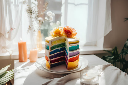 Rainbow cake on a white plate with candles in the background.の素材