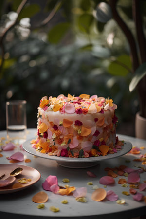 Beautiful cake decorated with flowers and petals on the table.の素材