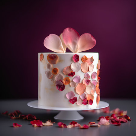 Beautiful cake decorated with roses and petals on a dark backgroundの素材