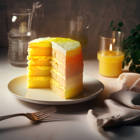 A piece of cake on a plate with a fork and a candleの素材