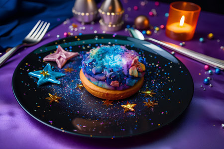 Christmas cake with blue icing on a black platerated with stars and candlesの素材