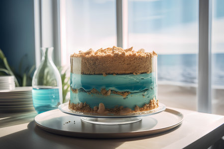 Delicious cake with blue cream on a stand near the window.の素材