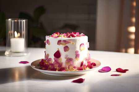 Birthday cake with rose petals on a white table in the kitchenの素材
