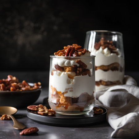 Greek yogurt parfait in a glass with nuts, selective focusの素材