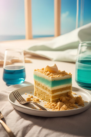 A piece of cake on a white plate and a glass of blue waterの素材