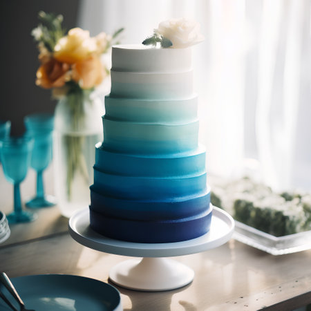 Wedding cake with blue and white flowers on the table.の素材