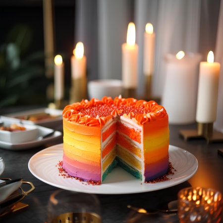 Rainbow cake on a plate with burning candles in the background.の素材