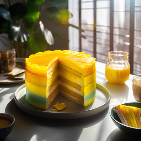 Yellow mousse cake with orange juice and cup of coffee on table.の素材