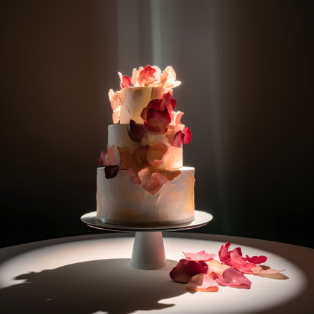 Wedding cake with rose petals on a dark background.の素材