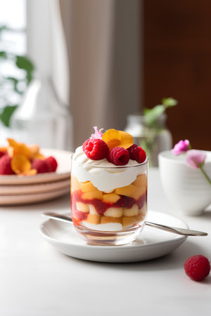 Delicious dessert with raspberries and peach in glass on tableの素材