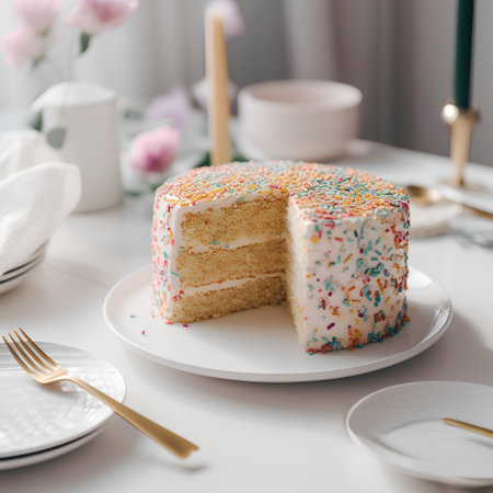 Homemade cake with icing and sprinkles on a white table. Selective focus.の素材