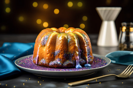 Pumpkin bundt cake decorated with glaze on a dark backgroundの素材