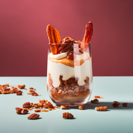 Tiramisu in a glass with pecan nuts on a blue backgroundの素材