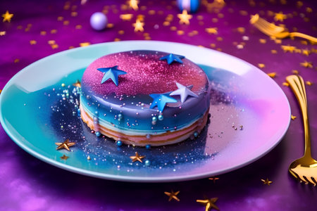 Birthday cake on a plate with stars and confetti on a purple backgroundの素材