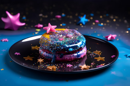 Colorful donut on a black plate with stars and confettiの素材