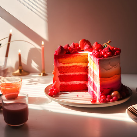 Strawberry cake with fresh berries on white table with sunlight.の素材