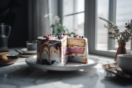 Cake with blueberries and chocolate on the table in the kitchenの素材