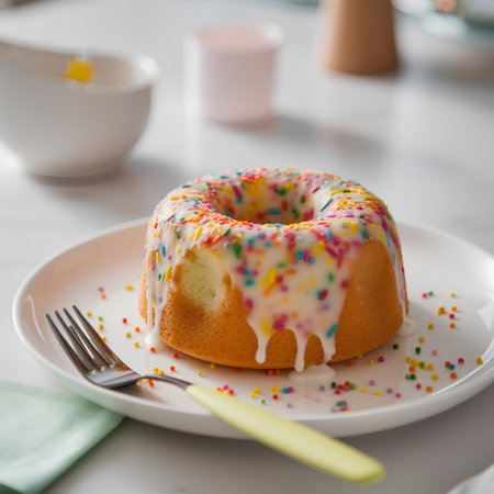Donut with icing and sprinkles on a white plate. Selective focus.の素材