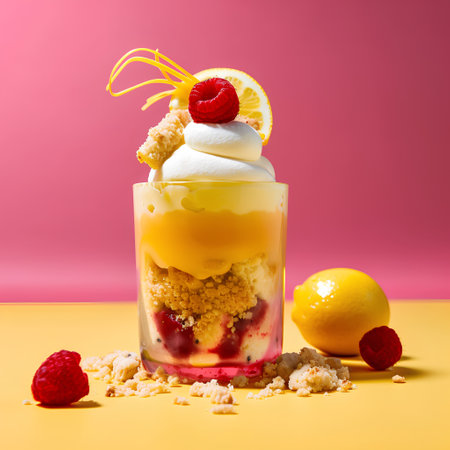 Fruit dessert in a glass on a yellow and pink background.の素材