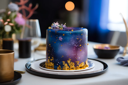 Wedding cake with purple and gold icing on the table.の素材