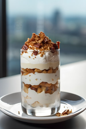 Classic tiramisu dessert in a glass on a white background.の素材