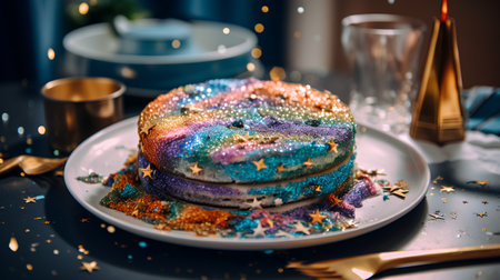 Cake decorated with multicolor sparkles on a blue backgroundの素材