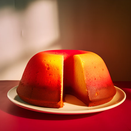 Close up of a sponge cake on a white plate on a red backgroundの素材