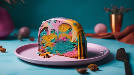 Piece of easter cake with icing and sprinkles on blue backgroundの素材