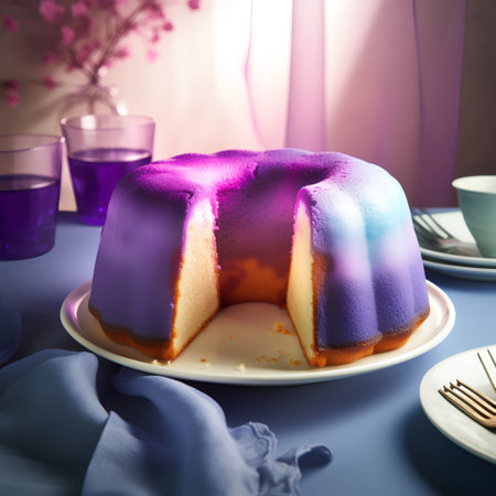 Piece of cake with purple glaze on the blue tableclothの素材