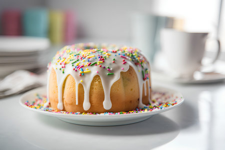 Easter cake with icing and sprinkles on a white plate.の素材