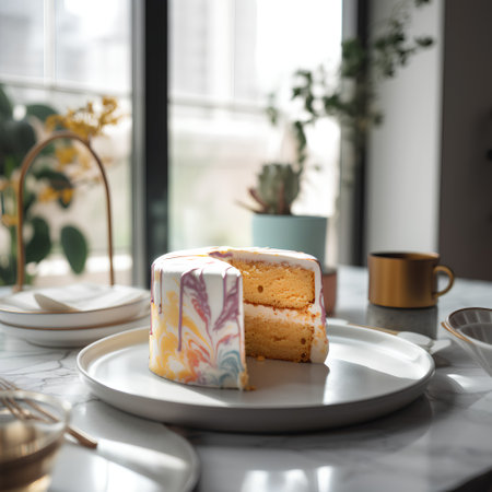 Piece of cake on a white plate in a cafe with flowersの素材