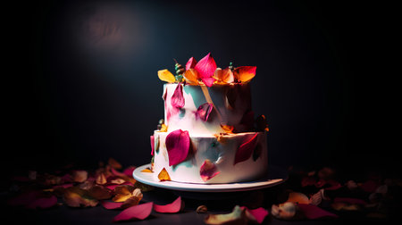 Wedding cake with rose petals on a black background.の素材