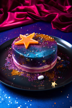 Delicious mousse cake decorated with star and confetti on a black plateの素材
