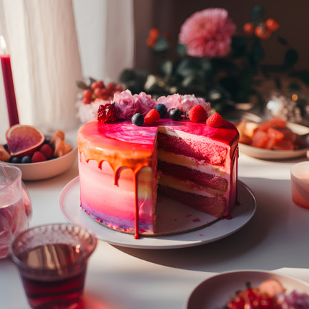 Birthday cake with berries and candles on a white table. Selective focusの素材