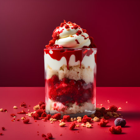 Tiramisu with whipped cream and raspberries in a glass on a red backgroundの素材