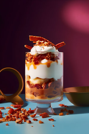 dessert with cream and caramel in a glass on a blue backgroundの素材