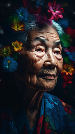 Portrait of an elderly Asian woman with flowers in her hair.の素材