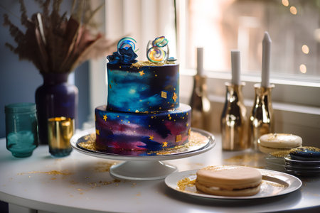 Birthday cake decorated with blue and gold stars on a white tableの素材