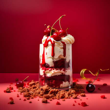 Chocolate cake with cherries and whipped cream on a red backgroundの素材