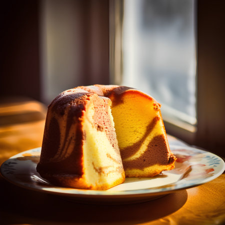 Piece of cake with chocolate icing on a plate. Selective focus.の素材